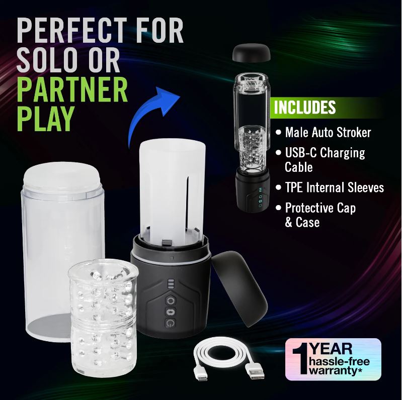 Male auto stroker with internal sleeves, charging cable, and protective cap.