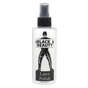 A bottle of Black Beauty Latex Polish with a graphic of a person in a latex suit.