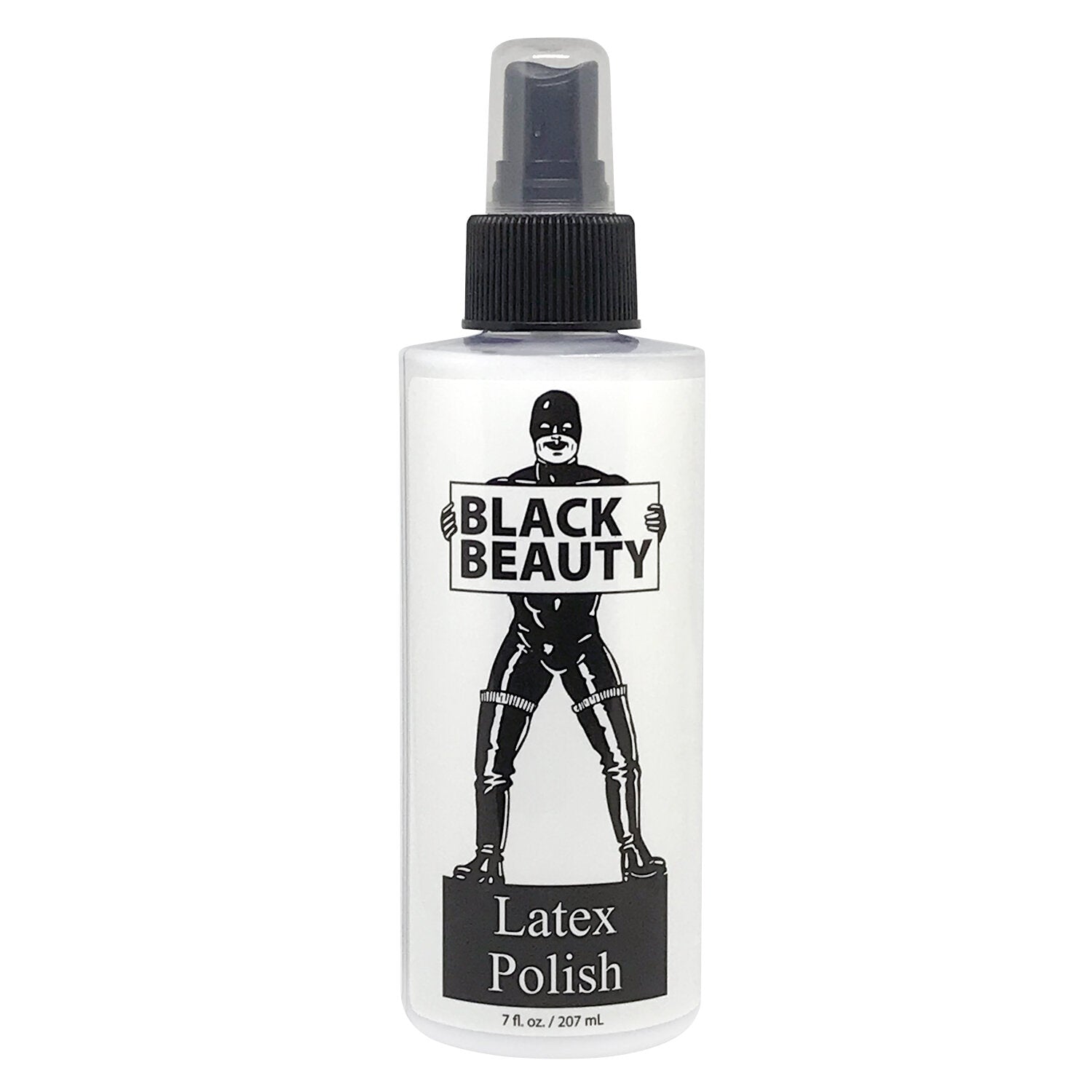 A bottle of Black Beauty Latex Polish with a graphic of a person in a latex suit.