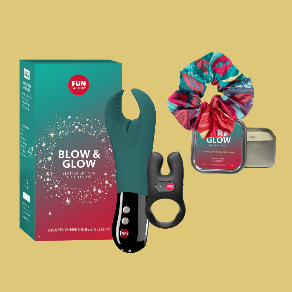 Fun Factory Blow & Glow Couples Kit with vibrator, ring, candle, and scrunchie.
