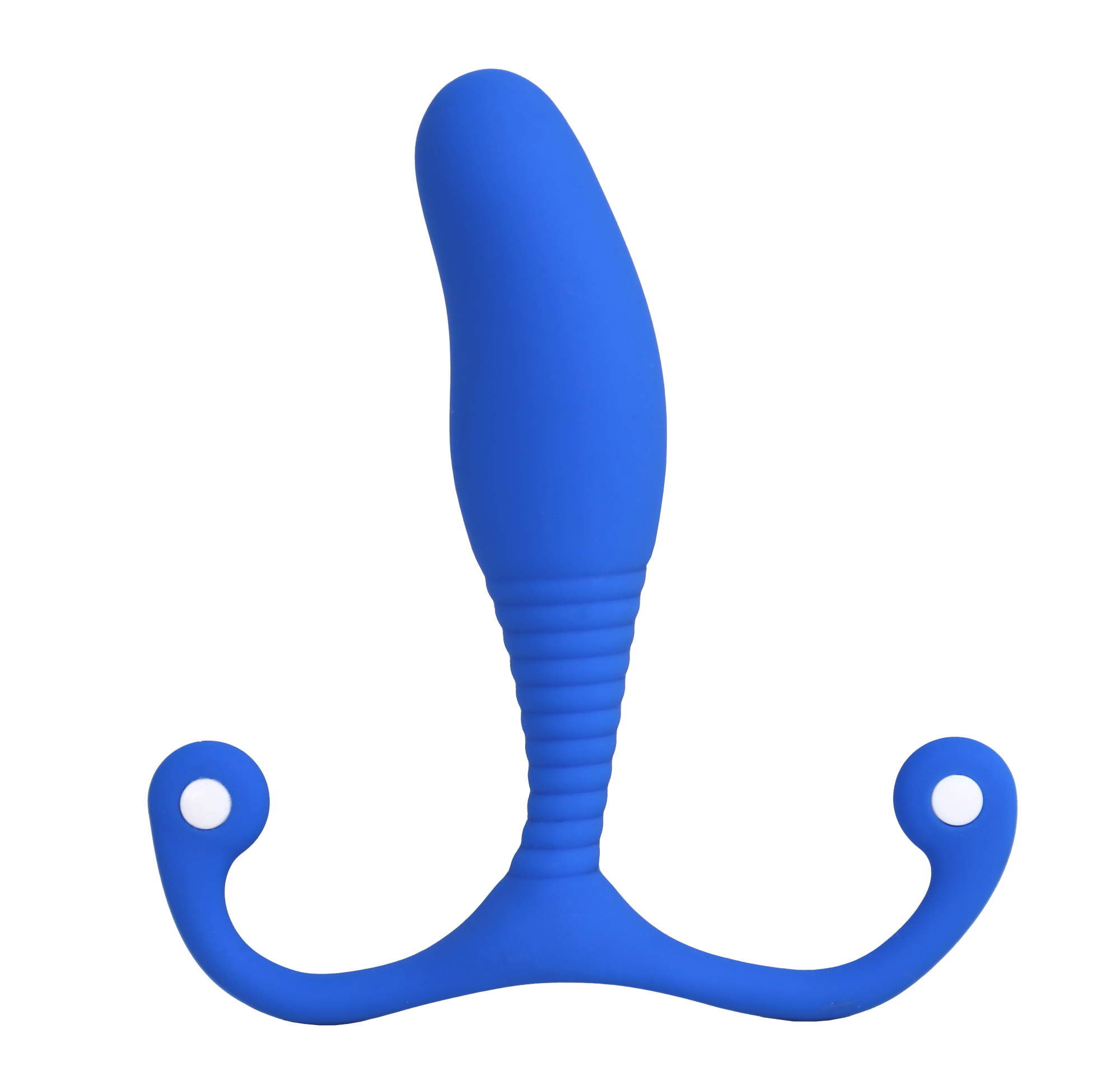Blue silicone prostate massager with a ribbed stem and curved arms.