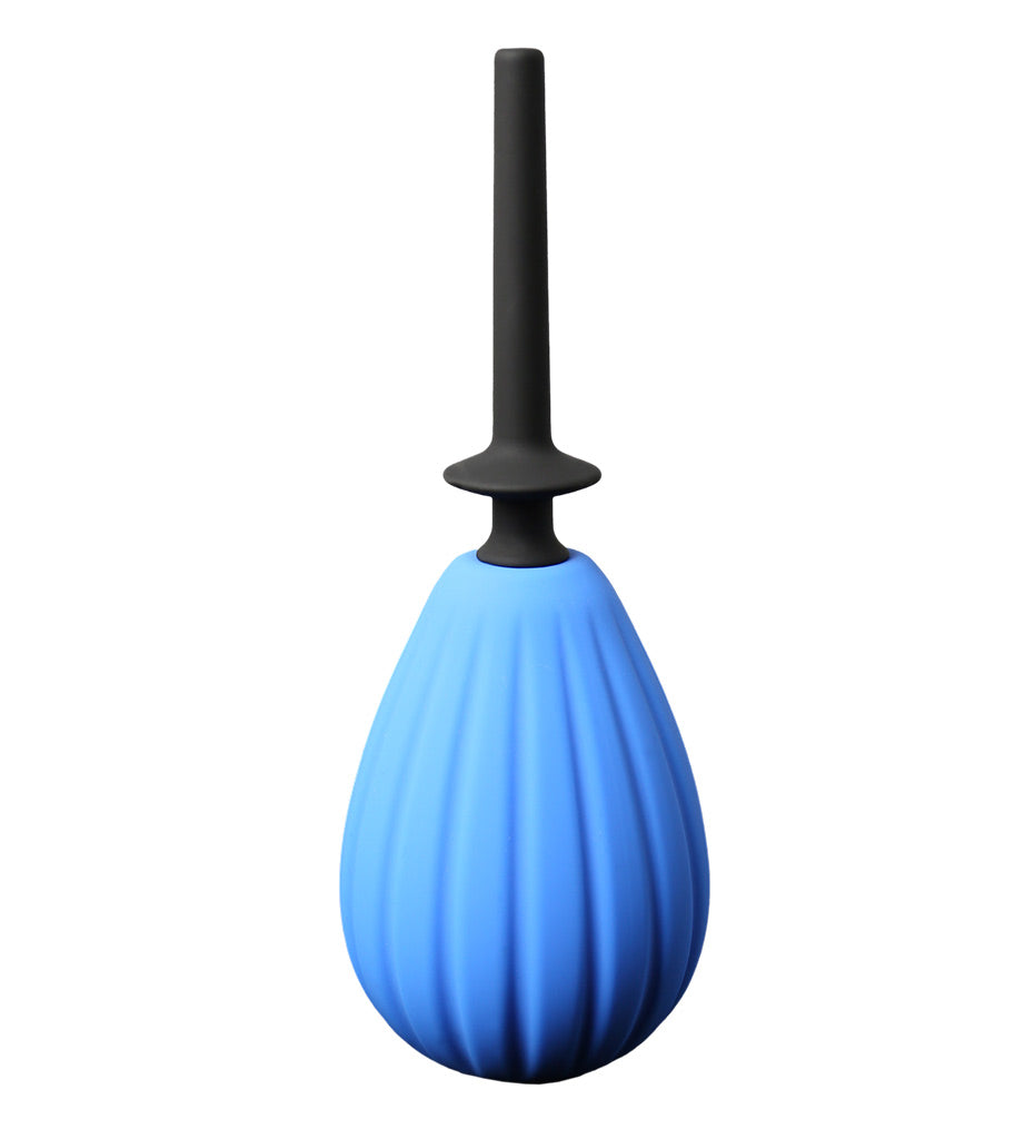 Blue silicone enema bulb with a black nozzle.