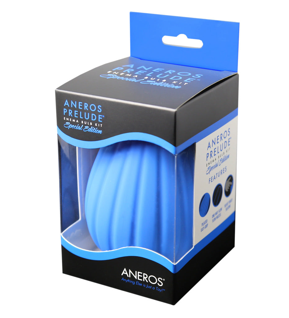 Blue Aneros Prelude enema bulb kit with pleated design.