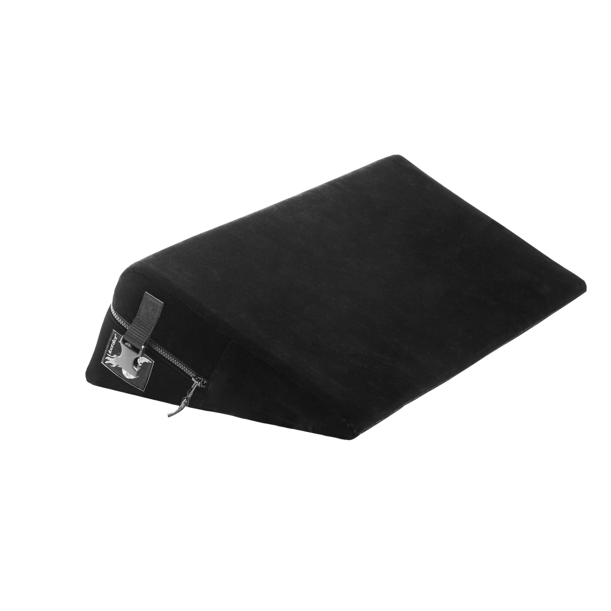 Black microfiber positioning wedge with buckle and zipper detail.