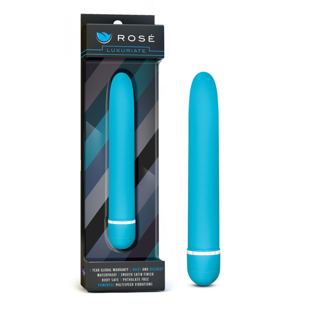 A blue, 7-inch waterproof vibrator with a smooth satin finish.