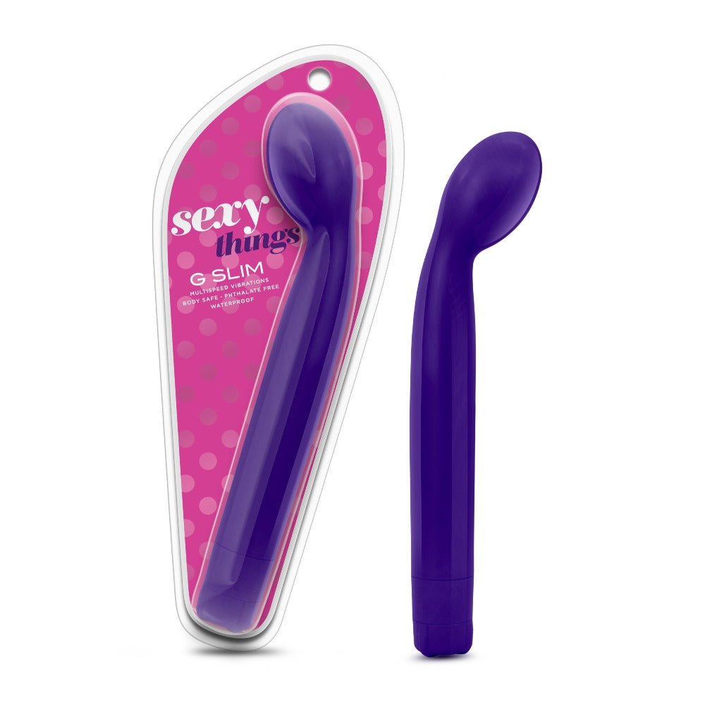 A purple G-Spot Slim vibrator in packaging and displayed separately.