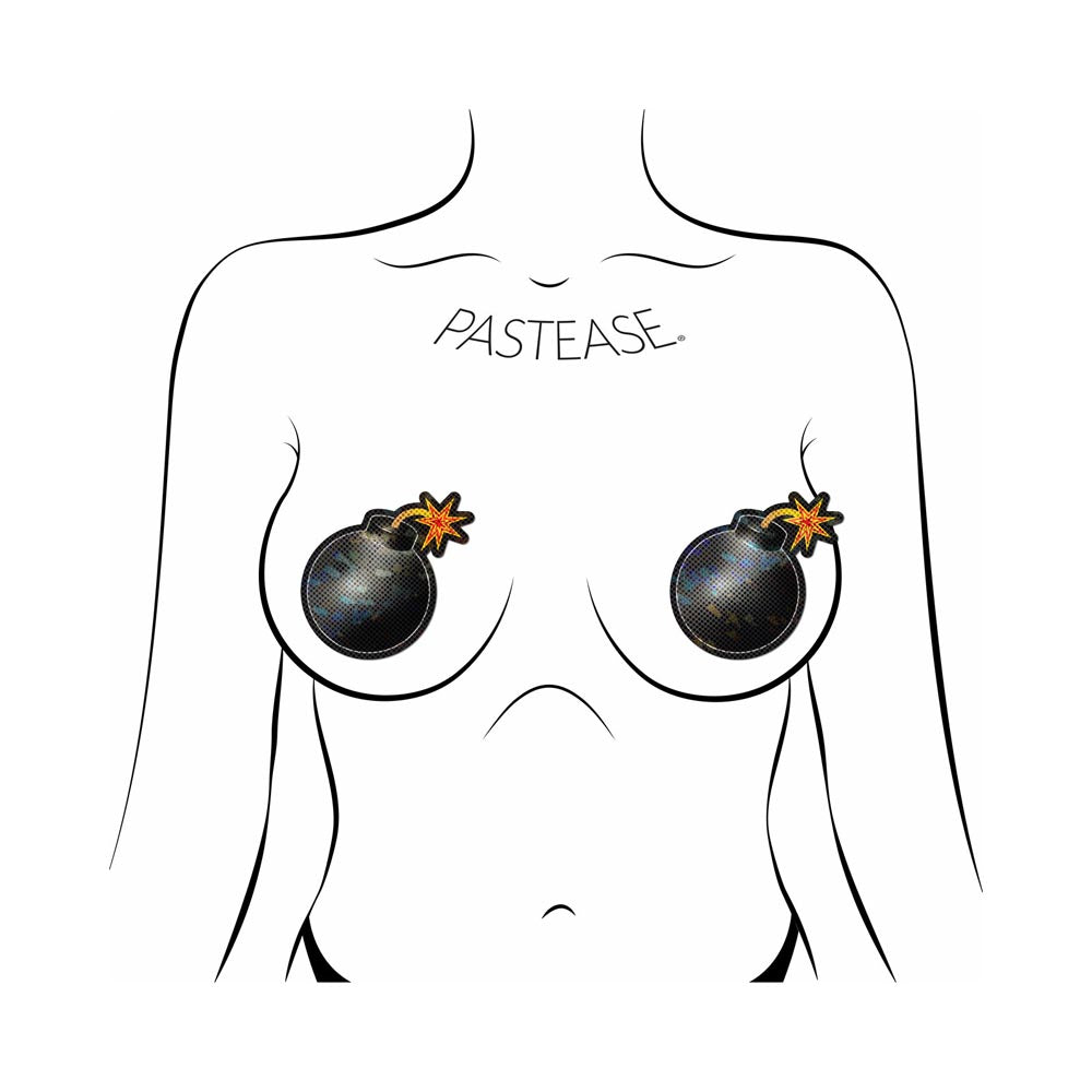 Bomb-shaped nipple pasties with lit fuses.