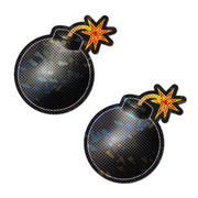 Two cartoon bomb-shaped nipple pasties with lit fuses.