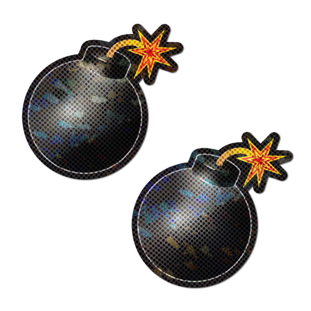 Two cartoon bomb-shaped nipple pasties with lit fuses.