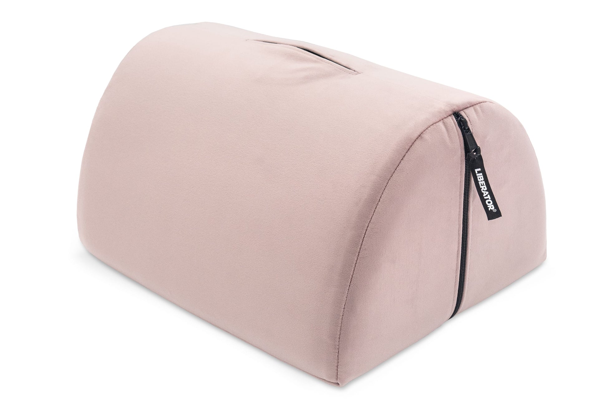 A pink Bonbon Microvelvet sex toy mount and positioning pillow with a zipper.