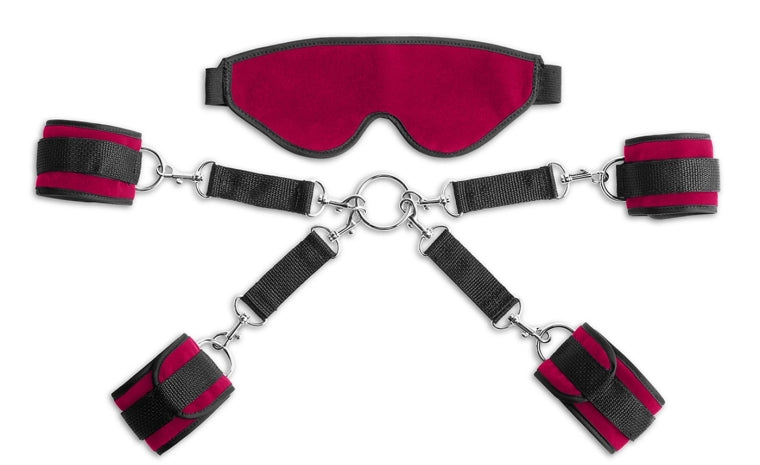 Merlot microvelvet bondage kit with blindfold, wrist cuffs, and ankle cuffs.
