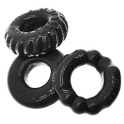 Three black stretchy cock rings with textured designs.