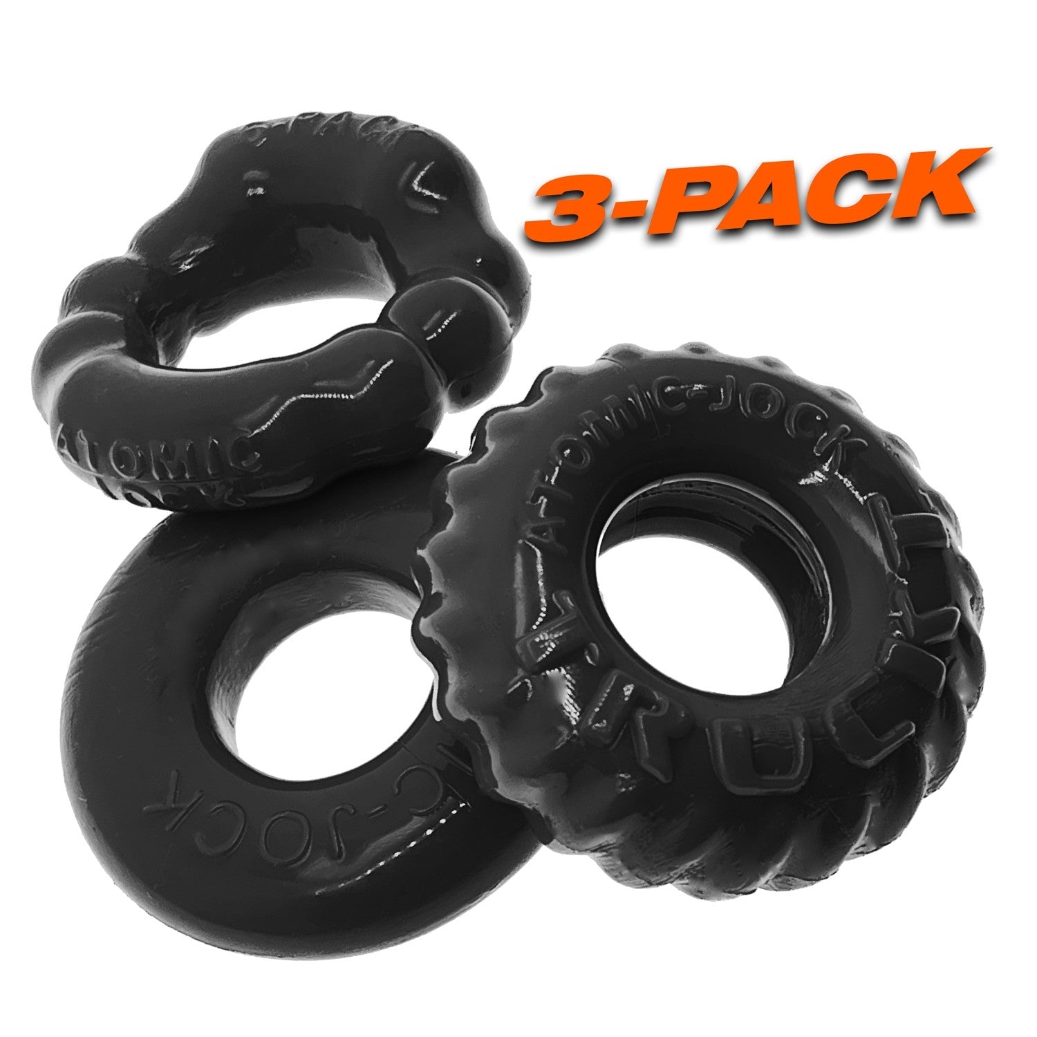 Three black stretchy cock rings with different textures.