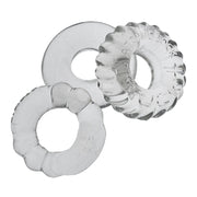Three clear, stretchy cock rings with textured surfaces.