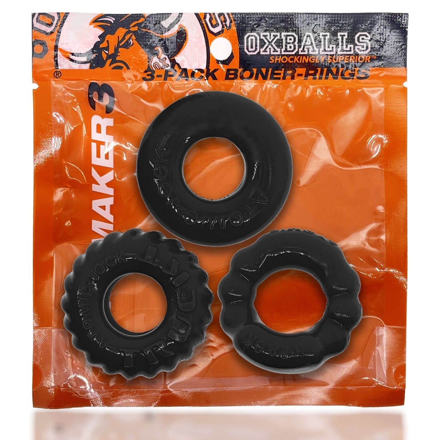 Black 3-pack of stretchy cock rings with different textures.