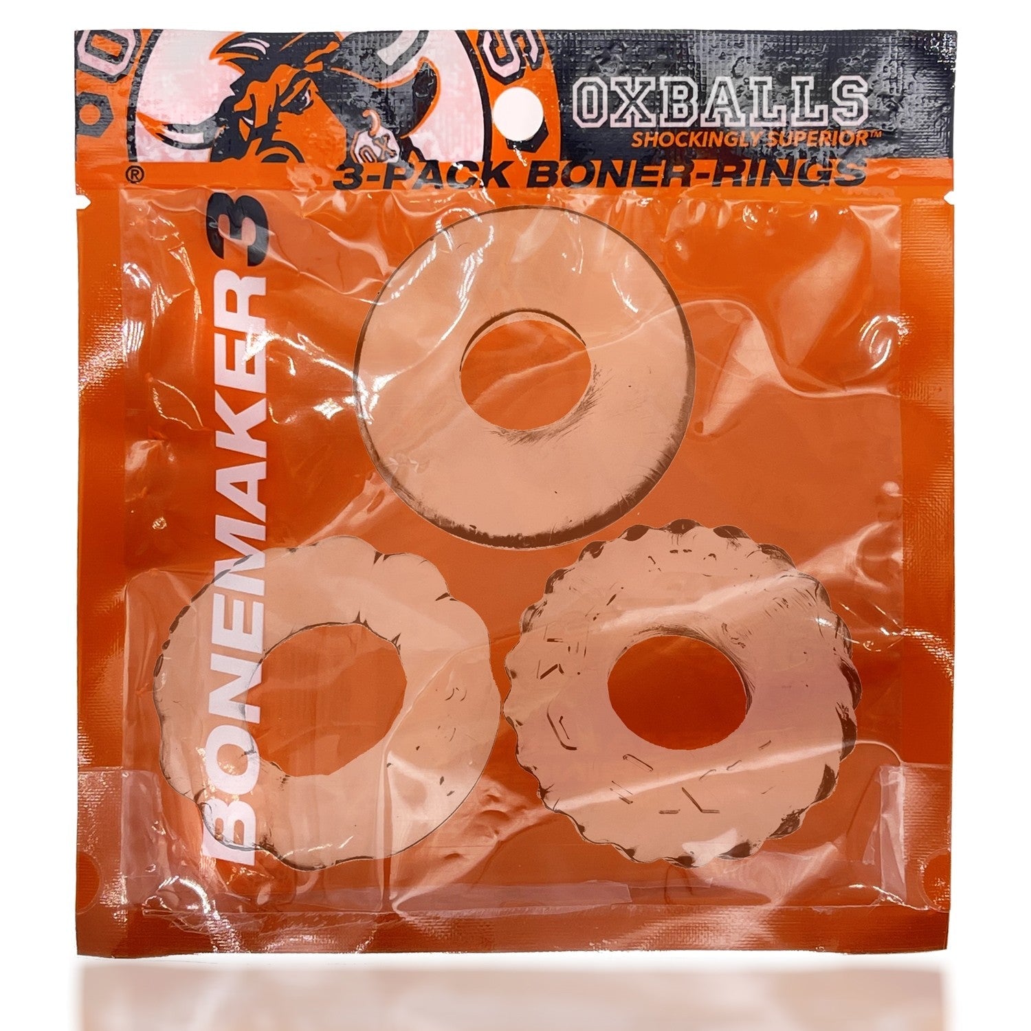 A 3-pack of clear, stretchy cock rings from Oxballs.