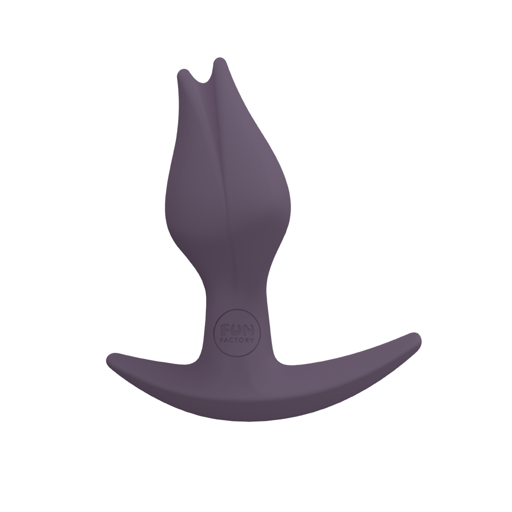 A purple Bootie Slim Anal Plug with an asymmetrical base.