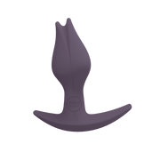A purple Bootie Slim Anal Plug with an asymmetrical base.