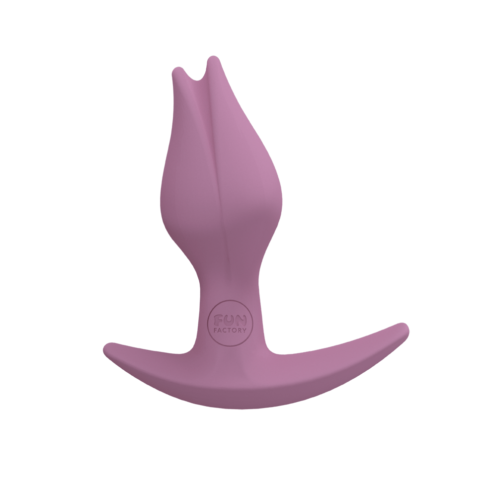 A pink Bootie Slim Anal Plug with an asymmetrical base.