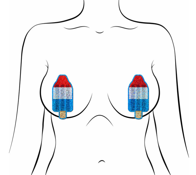 Glitter ice pop nipple pasties in red, white, and blue.