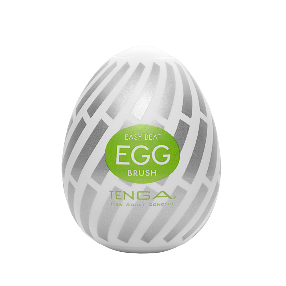 Tenga Egg Brush textured male masturbator with a white and silver striped pattern.
