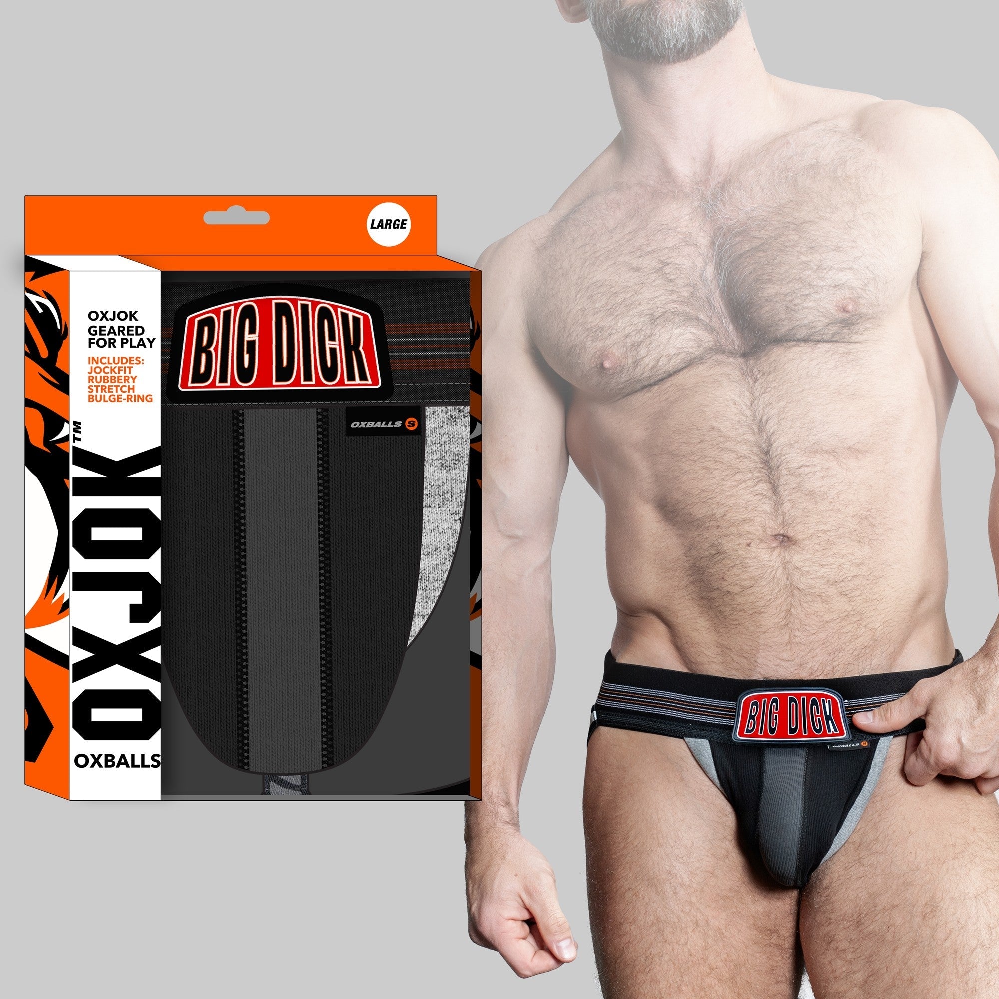 Oxballs large black jockstrap with "Big Dick" logo and padded pouch.