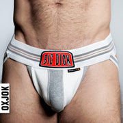 White jockstrap with a deep pouch and "BIG DICK" logo.