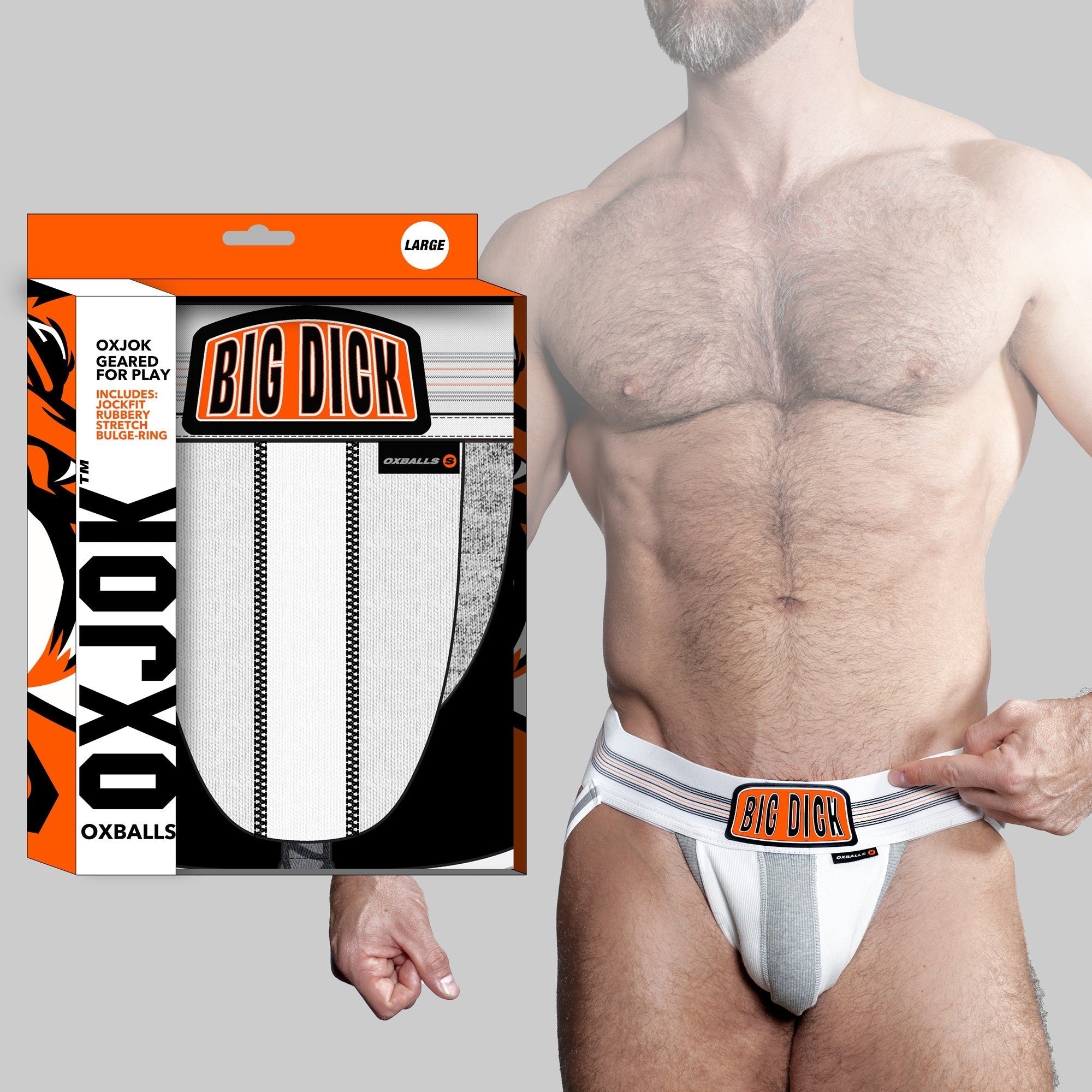 White jockstrap with "Big Dick" logo and a cock ring.