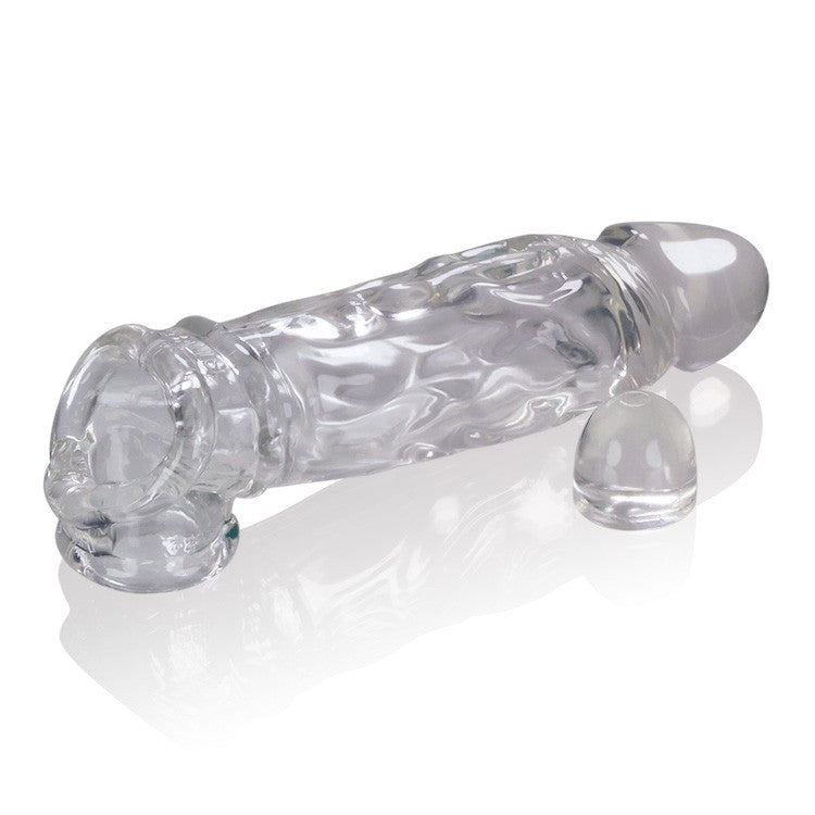 Clear cock sheath with textured shaft and removable bulbous insert.
