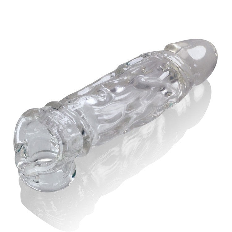 Clear cocksheath with textured shaft and flared head.