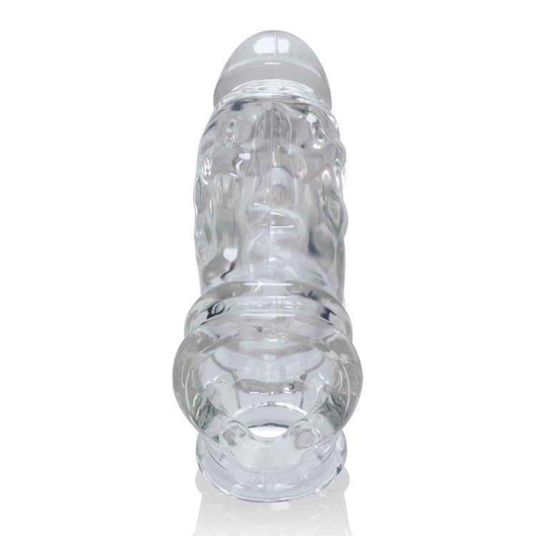 Clear cock sheath with textured shaft and flared head.