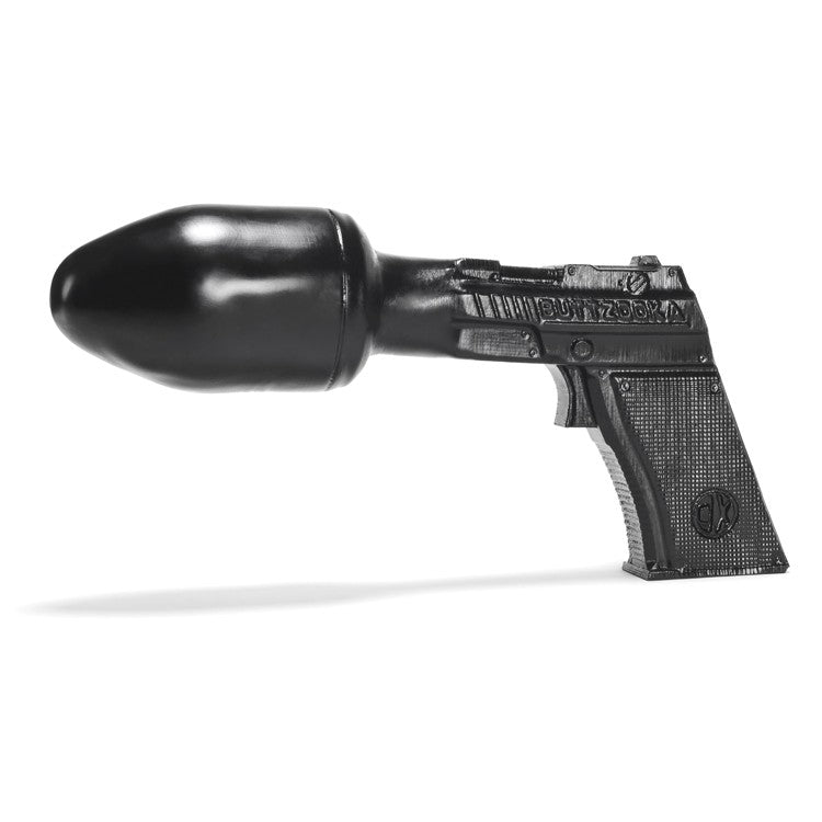 Black silicone pistol-shaped anal plug with a textured grip.