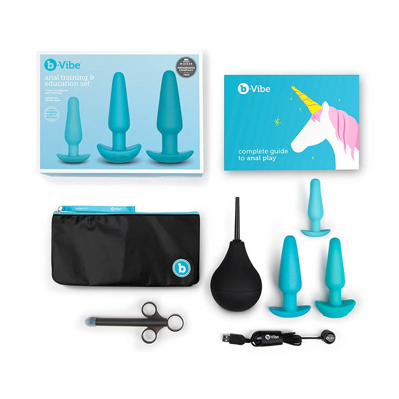 Anal training kit with silicone butt plugs, enema, applicator, and guide.