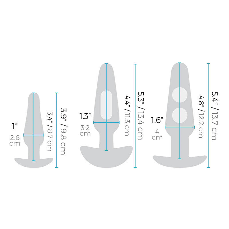 Three silicone butt plugs of varying sizes with measurement indicators.