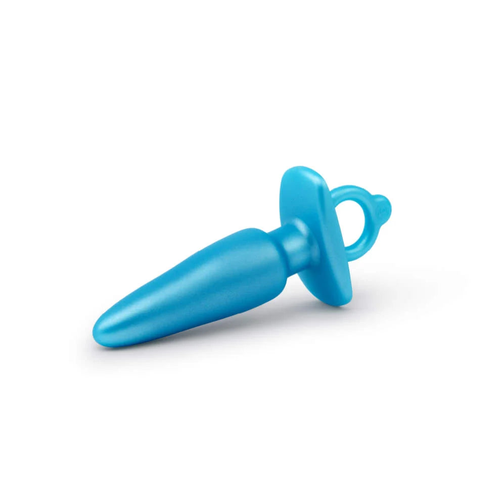 A blue silicone anal training plug with a tapered tip and a ring handle.
