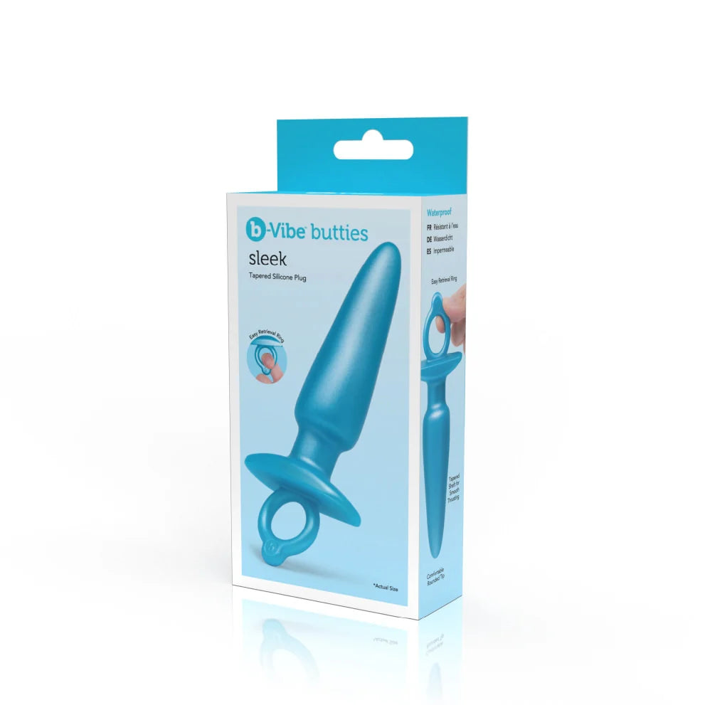 A blue b-Vibe Sleek tapered silicone anal plug with an easy retrieval ring.