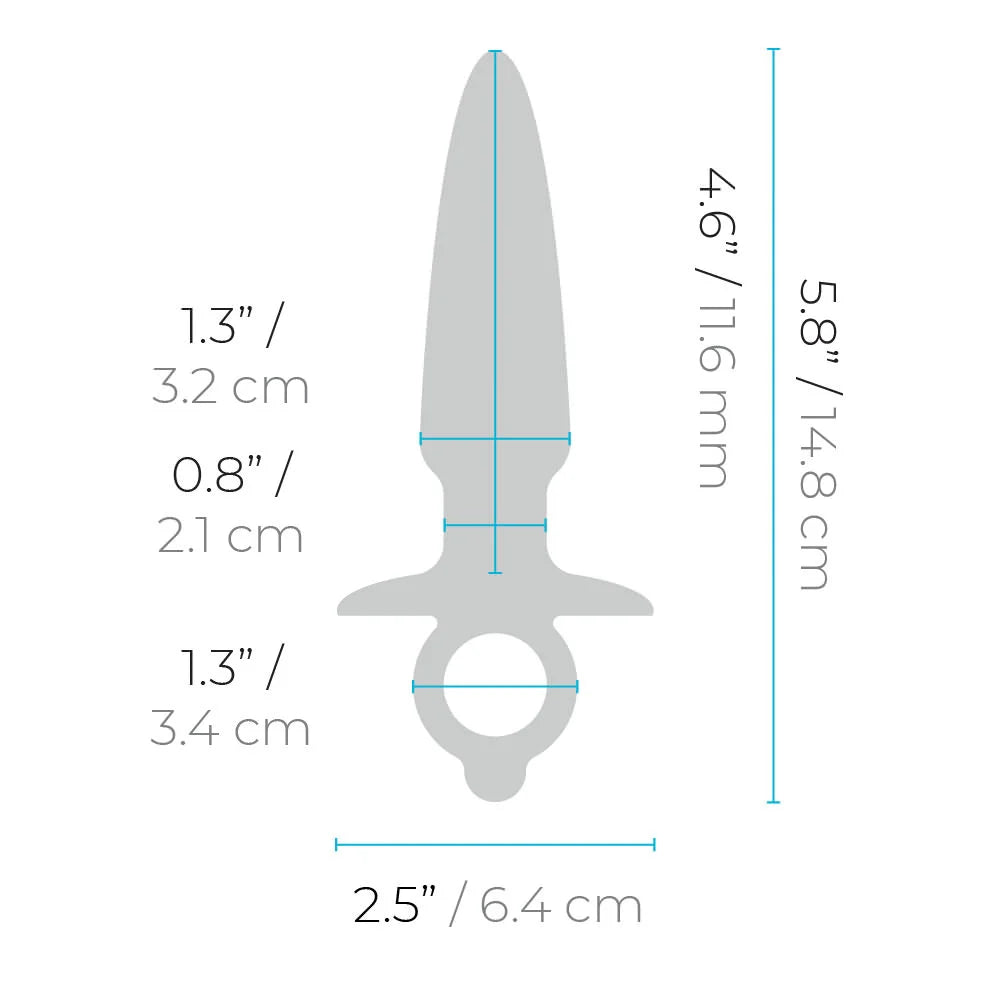 A grey tapered anal plug with a ring base, showing dimensions.