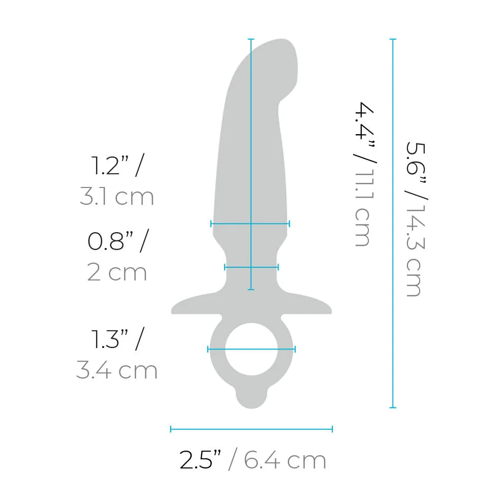 A grey silicone prostate plug with a curved tip and retrieval ring, showing dimensions.