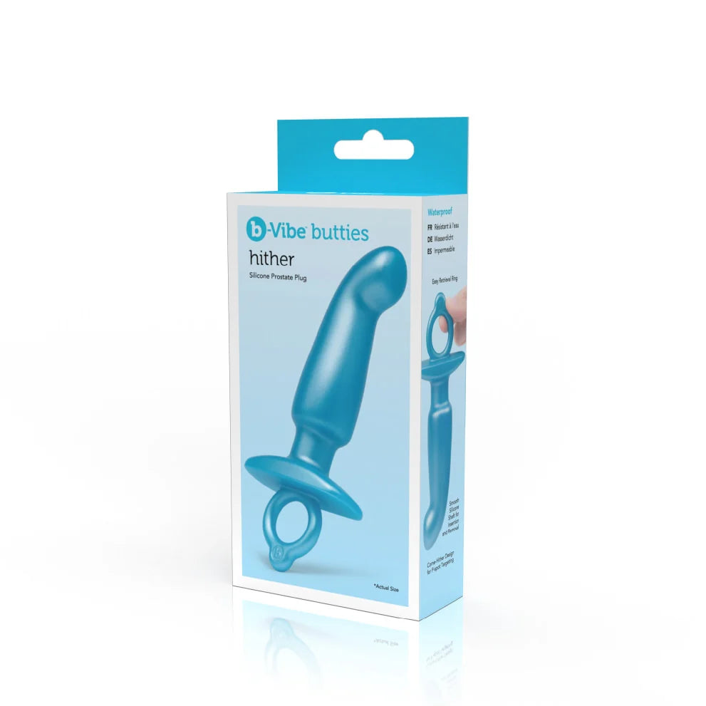 Blue silicone prostate plug with a retrieval ring on a white background.