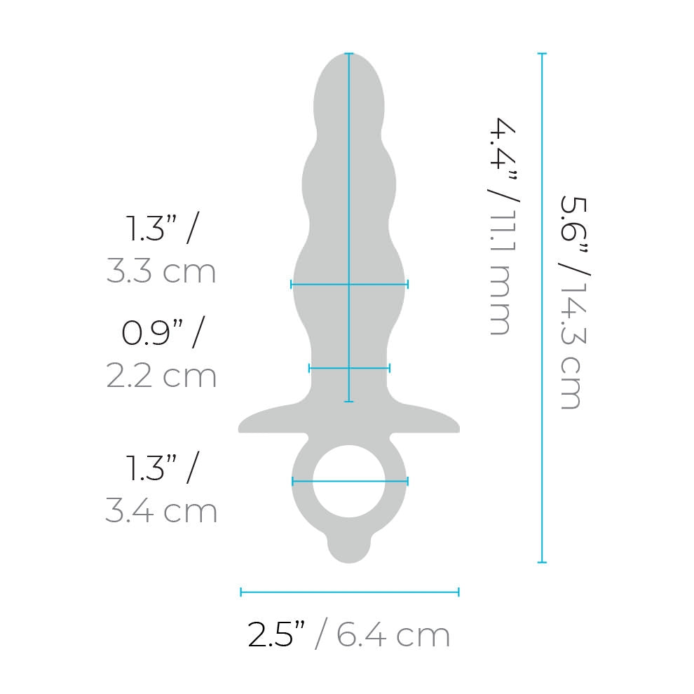 Grey silicone anal plug with beaded texture and a finger ring, showing dimensions.