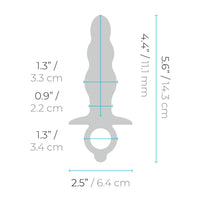 Grey silicone anal plug with beaded texture and a finger ring, showing dimensions.