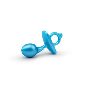 Blue silicone prostate plug with a bulbous head and retrieval ring.