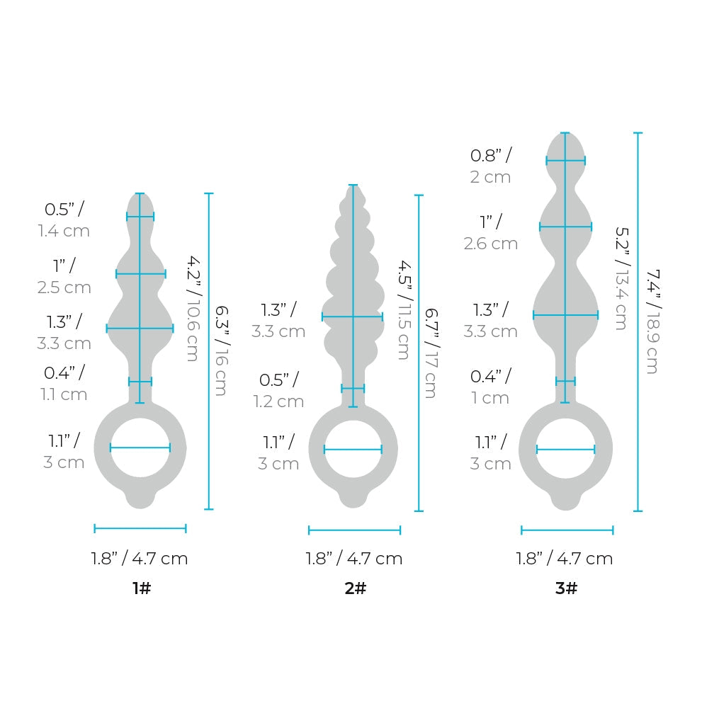 Three anal training plugs with beaded textures and size measurements.