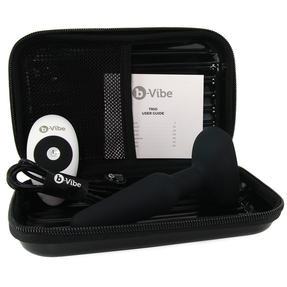 Black b-Vibe Trio remote control vibrating anal plug with user guide in a case.