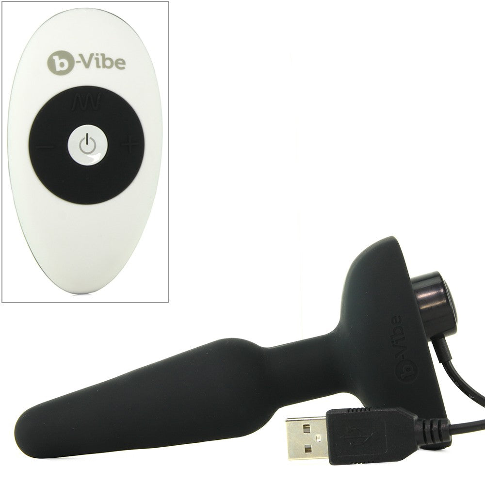b-Vibe Trio remote control vibrating anal plug with USB charging cable.