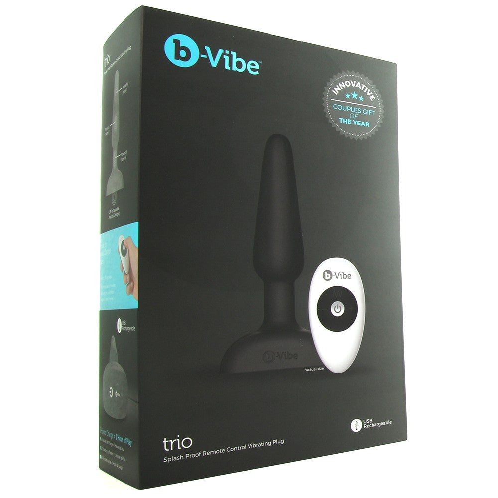b-Vibe Trio remote control vibrating plug and remote on black box.