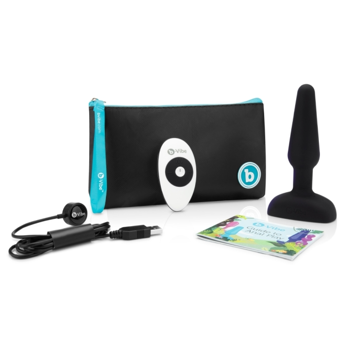Black silicone anal plug set with remote, charging cable, and pouch.