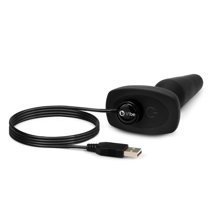Black silicone vibrating anal toy with USB charging cable.