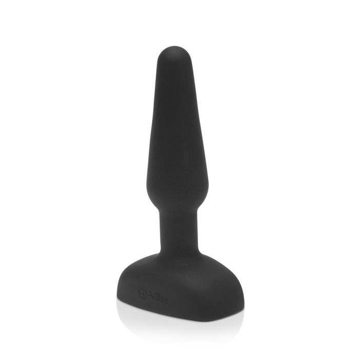 Black silicone anal toy with a flared base and a tapered insertable end.