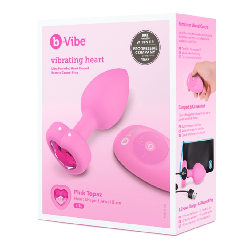 Pink silicone vibrating heart anal plug with jewel base and remote.